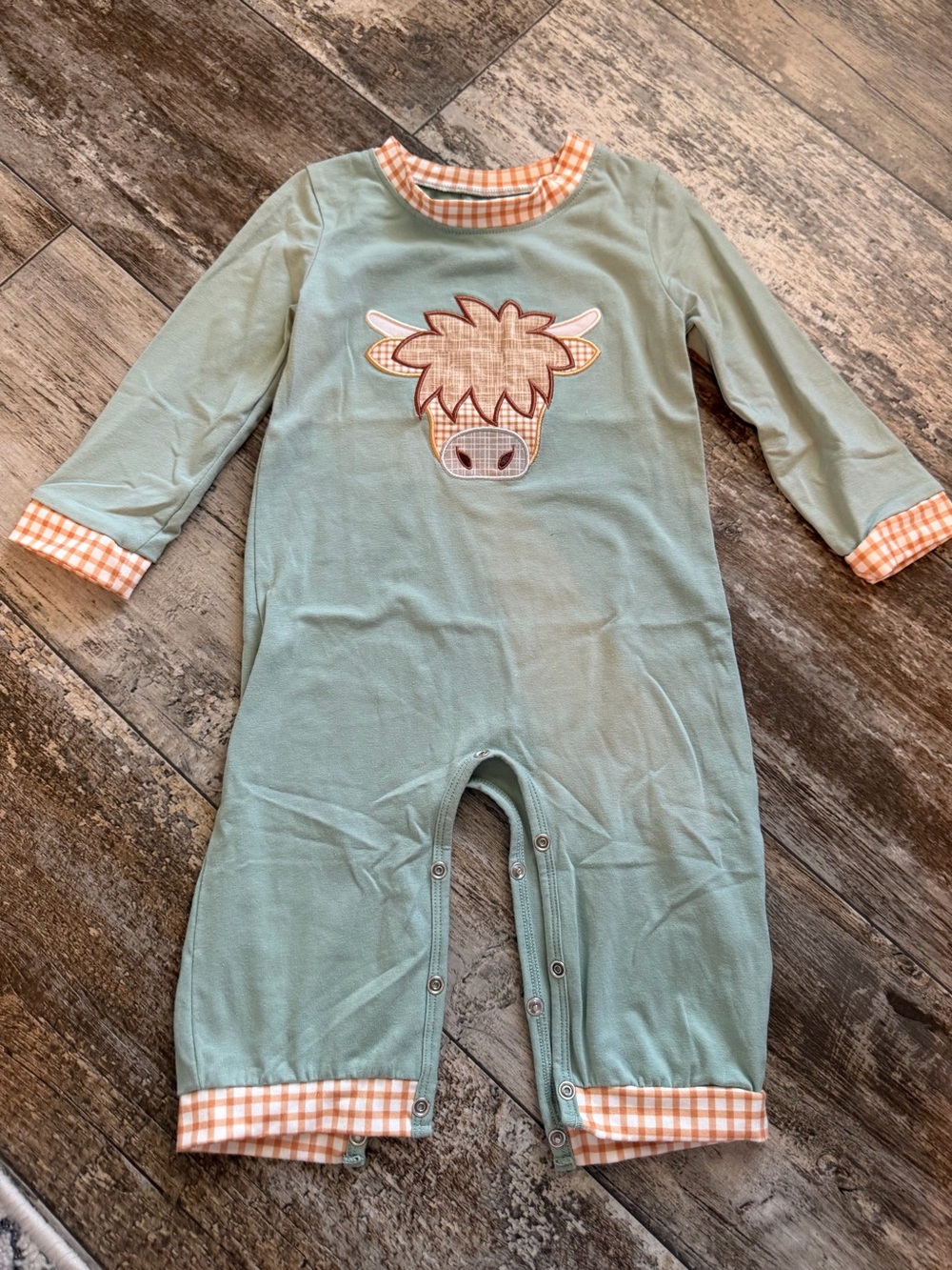 Mint Green Baby Romper with Orange Gingham Trim